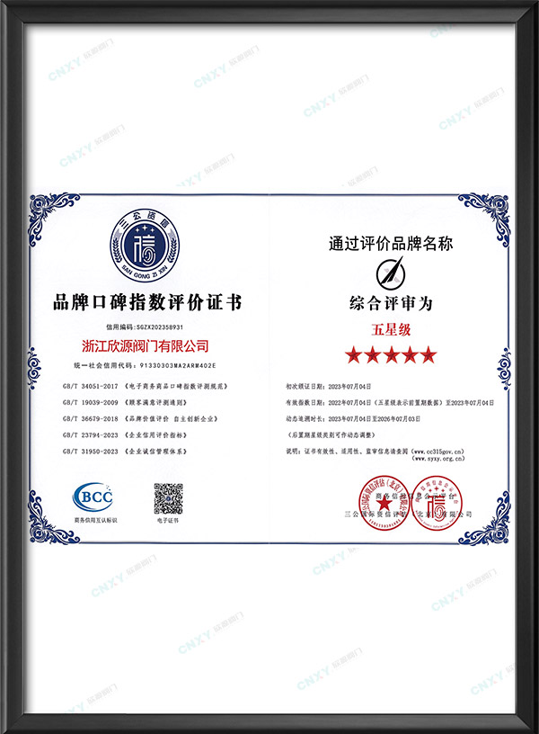 五星级品牌口碑指数评价证书